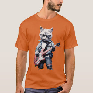 Camiseta Gato de rock tocando guitarra Graciosa Guitarra Ga