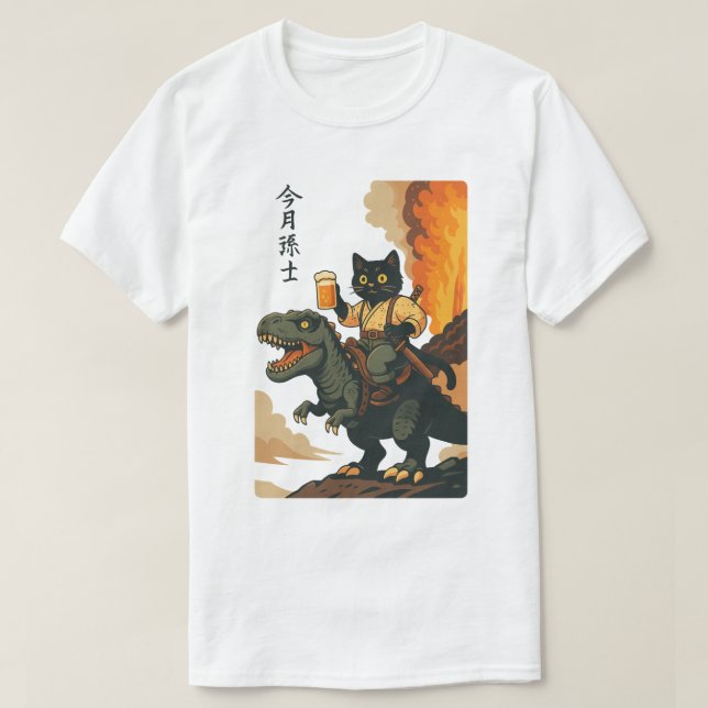 Camiseta Gato de Samurai con cerveza y T-Rex, arte retro ja (Diseño del anverso)
