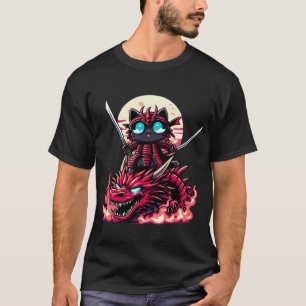 Camiseta Gato de Samurai con espada sobre dragón en épica b