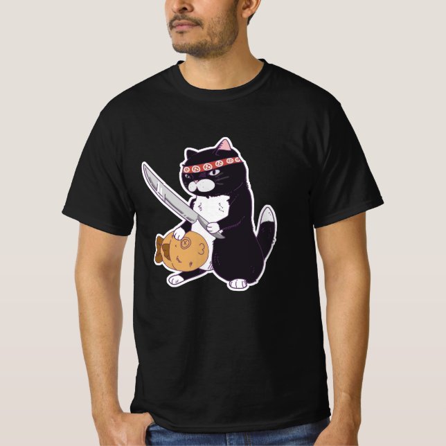 Camiseta Gato de Samurai de Taiyaki con pescado y sushi (Anverso)