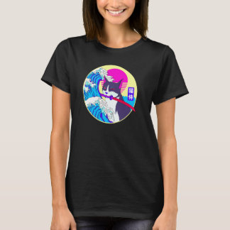Camiseta Gato de Samurai Gran Ola de Vaporwave Retro Ae