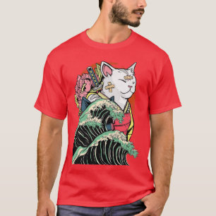 Camiseta Gato de Samurai Ninja japonés La gran ola Kanagawa