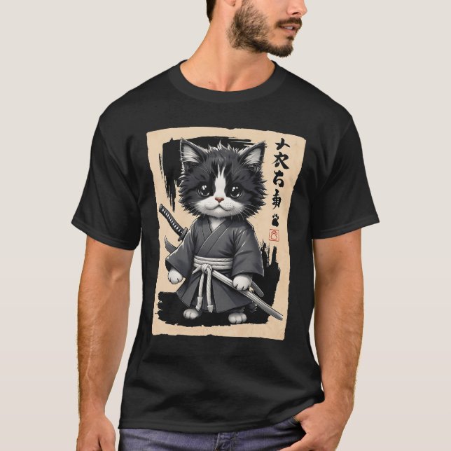 Camiseta Gato de Samurai Novedad Sumi-E Japonesa Meme Ca (Anverso)