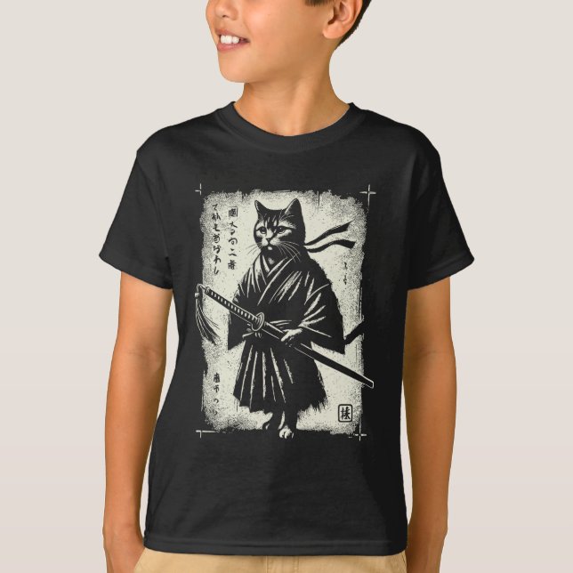 Camiseta Gato de Samurai Ukiyo-e Guerrero Arte Gráfico Sumi (Anverso)