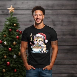 Camiseta Gato de Santa Comiendo Ramen Adorable Gatito de Na