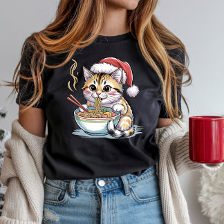 Camiseta Gato de Santa Comiendo Ramen Adorable Gatito de Na