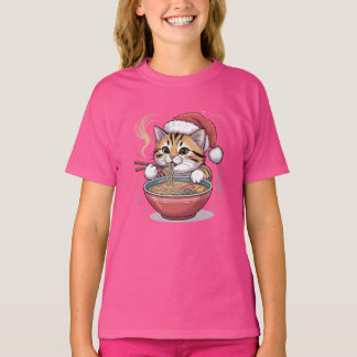 Camiseta Gato de Santa Comiendo Ramen Cute Gatito de Navida