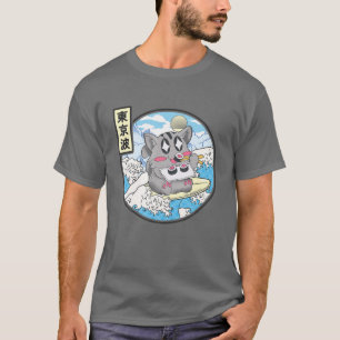 Camiseta Gato de surf comiendo sushi ola japonesa Kawaii Ae
