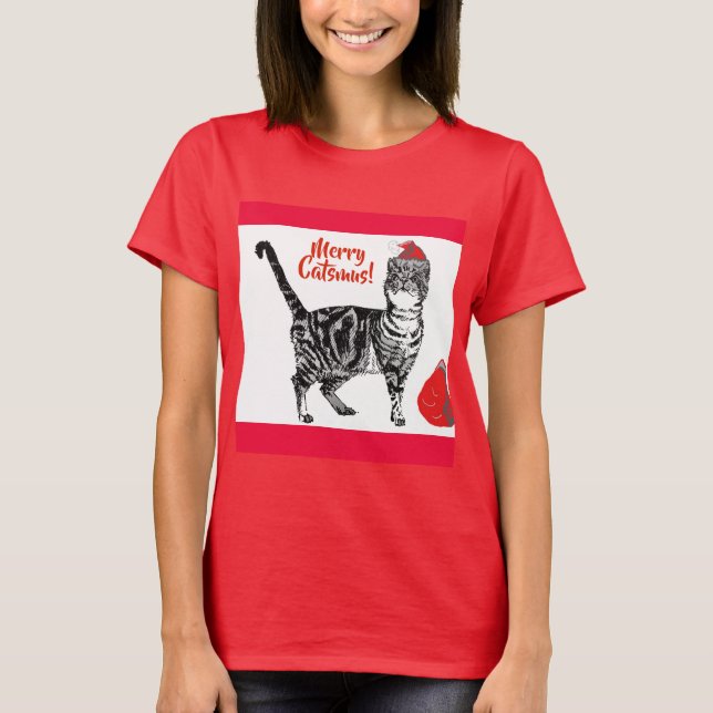 Camiseta Gato de Tabby Feliz Navidad Catsmus Red Funny Gato (Anverso)
