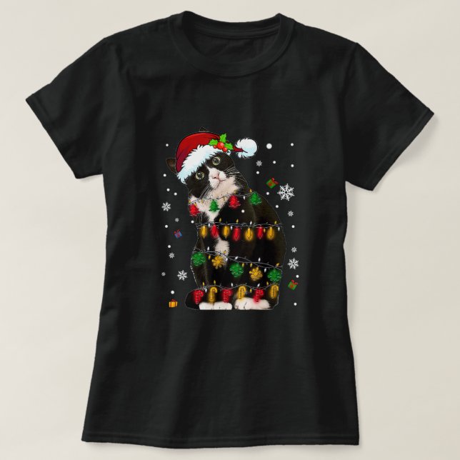 Camiseta Gato de Tuxedo con luces de Navidades divertidas d (Diseño del anverso)