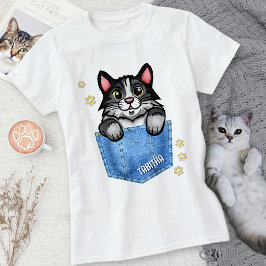 Camiseta Gato de Tuxedo en bolsillo falso de denim con nomb