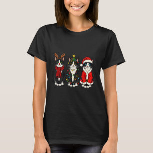 Camiseta Gato de Tuxedo Retro de Navidad Santa Reno Ciervo
