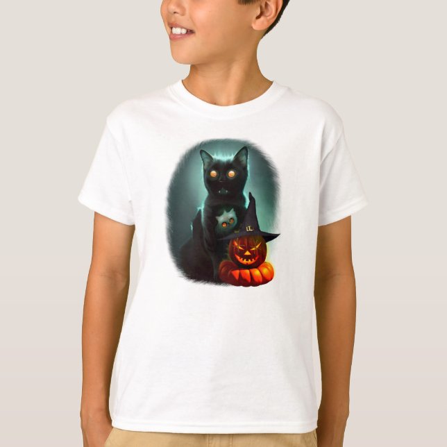 Camiseta Gato de vampiros y mago calabaza Halloween Surreal (Anverso)