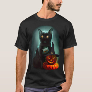 Camiseta Gato de vampiros y mago calabaza Halloween Surreal
