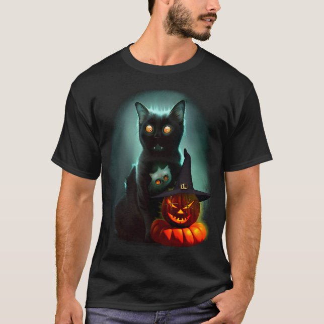 Camiseta Gato de vampiros y mago calabaza Halloween Surreal (Anverso)