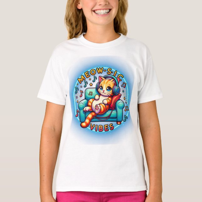 Camiseta Gato de vibraciones musicales escuchando música (Anverso)