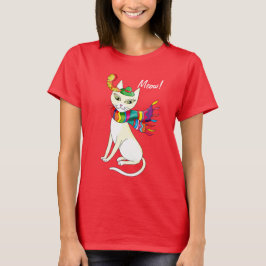 Camiseta gato decorativo blanco en sombrero y bufanda sobre