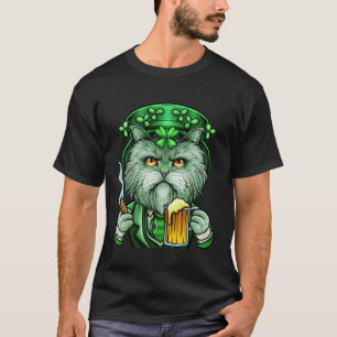 Camiseta Gato del Día de San Patricio Duende Cerveza Cigarr