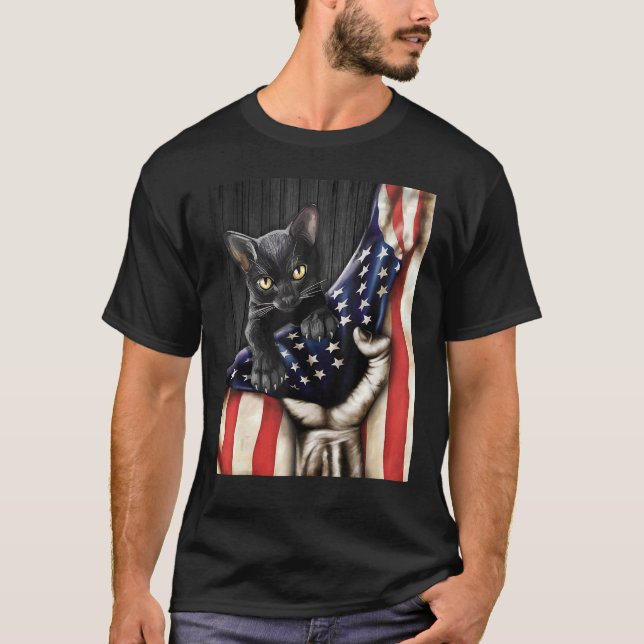 Camiseta Gato dentro de la bandera de Estados Unidos Patrió (Anverso)