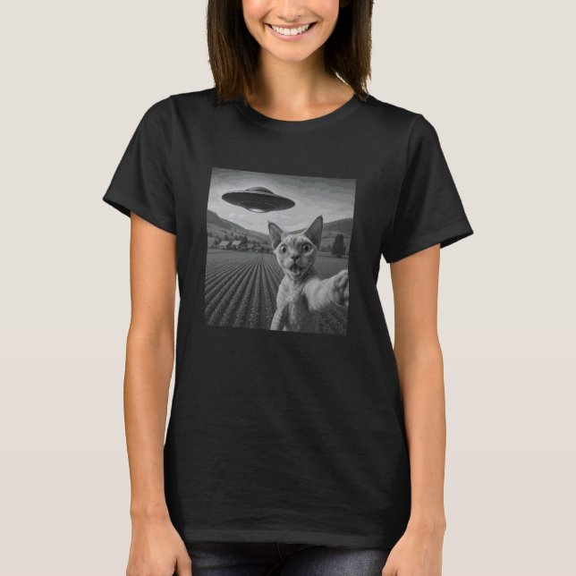 Camiseta Gato Devon Rex OVNI Selfie con Invasión Alien Pet  (Anverso)