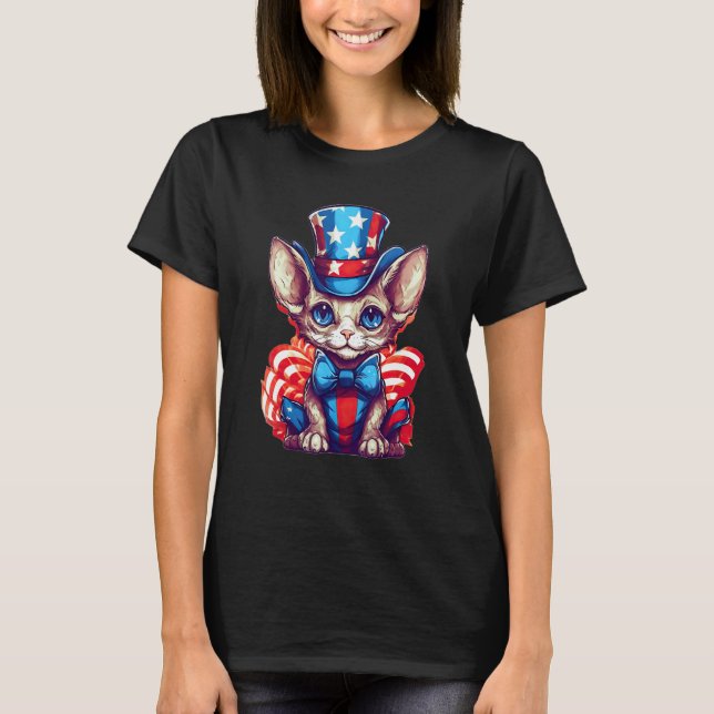 Camiseta Gato Devon Rex Patriótico del 4 de Julio (Anverso)