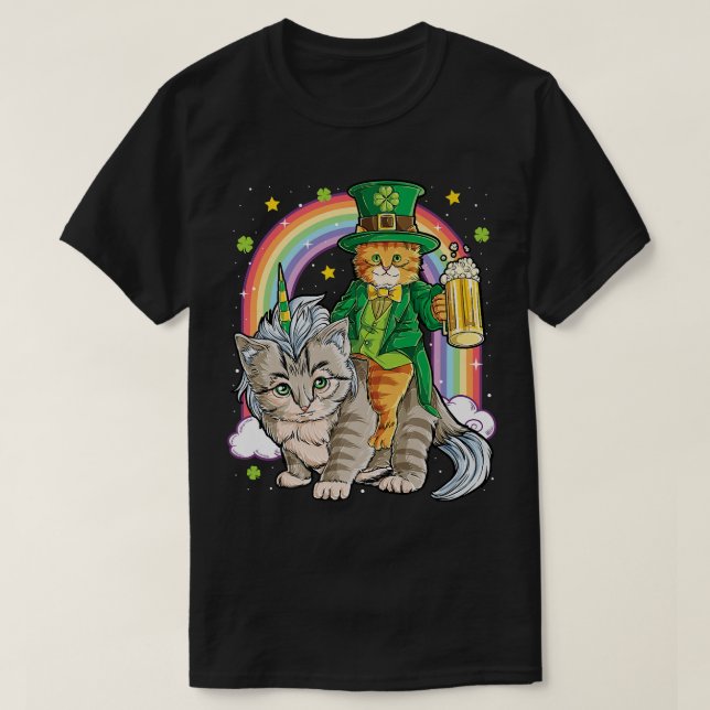 Camiseta Gato Día de San Patricio Leprechaun Montando Catic (Diseño del anverso)