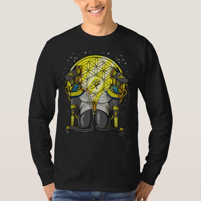 Camiseta Gato Diosa Egipcia Bastet Ankh Geometría Sagrada (Anverso)