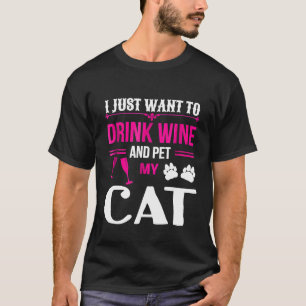 Camiseta Gato Divertido Bebe Vino Y Acaricia A Mi Gato