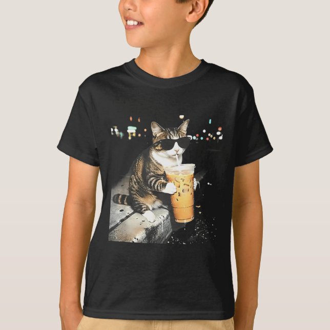 Camiseta Gato divertido bebiendo café con hielo (Anverso)