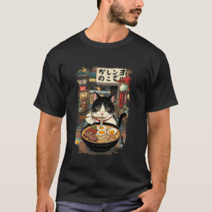 Camiseta Gato Divertido Comiendo Fideos Ramen Retro Noche J