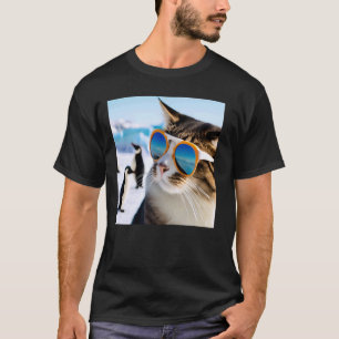 Camiseta Gato Divertido Con Gafas De Sol Con Pingüinos En A