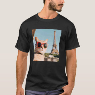 Camiseta Gato Divertido Con Gafas De Sol En La Torre Eiffel