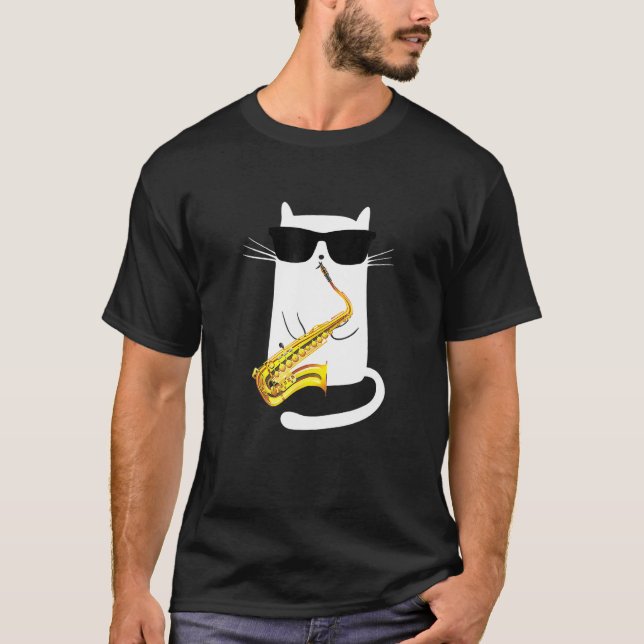 Camiseta Gato Divertido con Gafas de Sol Tocando Saxofón (Anverso)