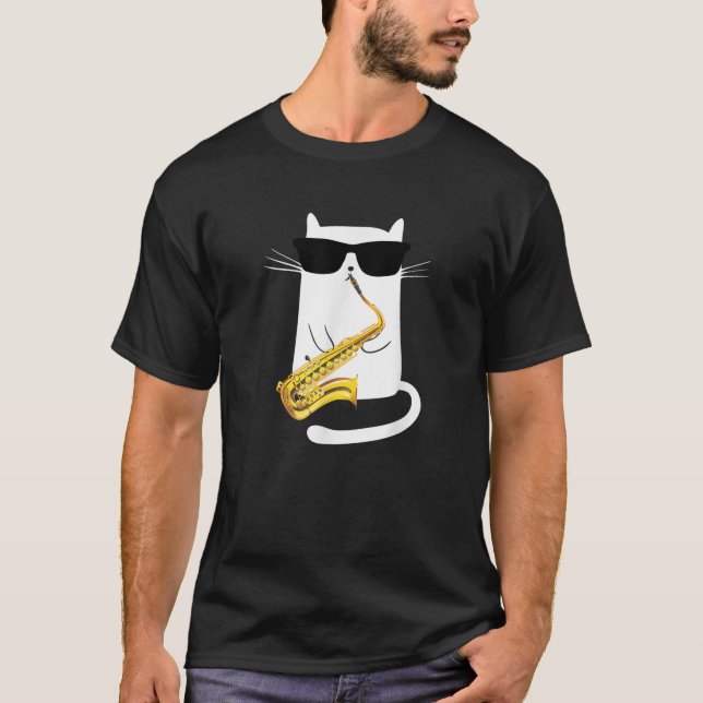 Camiseta Gato Divertido con Gafas de Sol Tocando Saxofón    (Anverso)