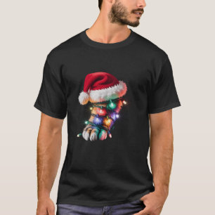 Camiseta Gato Divertido Con Sombrero De Santa Luces De Navi