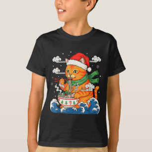 Camiseta Gato divertido de Navidad comiendo fideos Ramen ja
