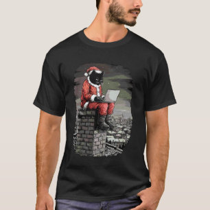 Camiseta Gato divertido de Santa en la chimenea con laptop