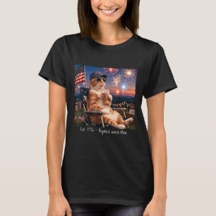 Camiseta Gato divertido del 4 de julio fuegos artificiales