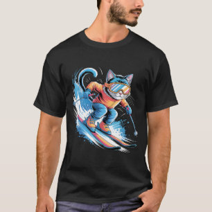 Camiseta Gato divertido esquiando deporte de invierno esqui