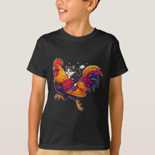 Camiseta Gato Divertido Montando Gallo Pollo Animales De Gr