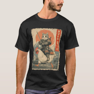 Camiseta Gato Divertido Montando Pollo Arte Japonés Ukiyo-e