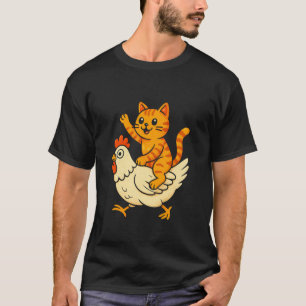 Camiseta Gato Divertido Montando Pollo Dibujos Animados Gat