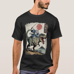Camiseta Gato Divertido Montando T Rex Arte Japonés Ukiyo-e