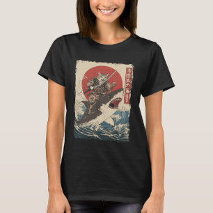 Camiseta Gato Divertido Montando Tiburón Arte Japonés Ukiyo