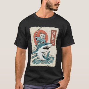 Camiseta Gato Divertido Montando Tiburón Arte Japonés Ukiyo