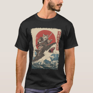 Camiseta Gato Divertido Montando Tiburón Arte Japonés Ukiyo