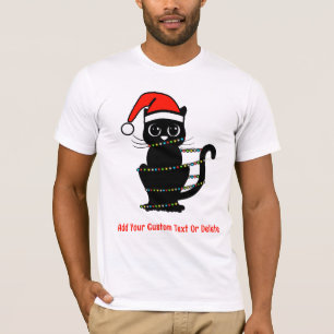 Camiseta Gato Divertido Negro Luz de Navidad Sombrero de Sa