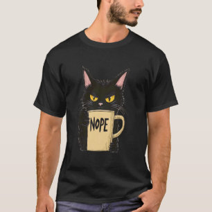 Camiseta Gato Divertido Nope - Gato Negro con Taza de Café