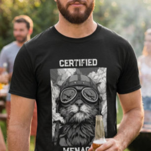 Camiseta Gato Divertido Piloto Fumando un Puro Blanco y Neg