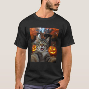 Camiseta Gato Divertido Selfie con una Bruja y Fantasma Hal